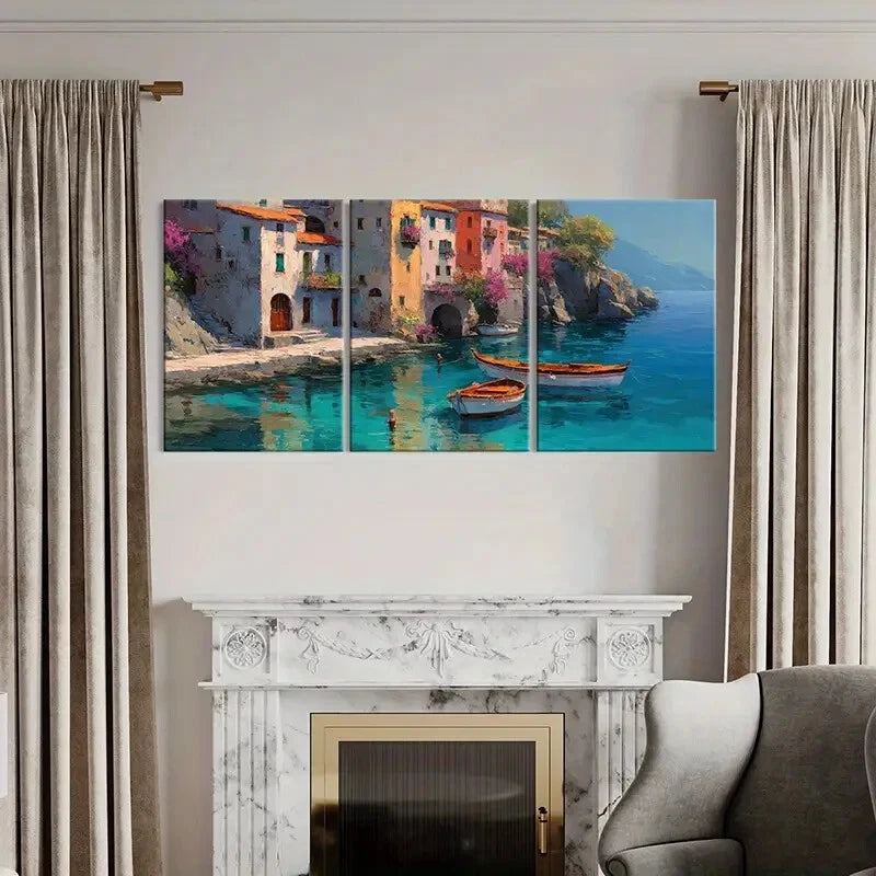 3pcs Artistic Coastal Village Mediterranean Style Metal Print Ready to Hang Art - Bella Home Decor