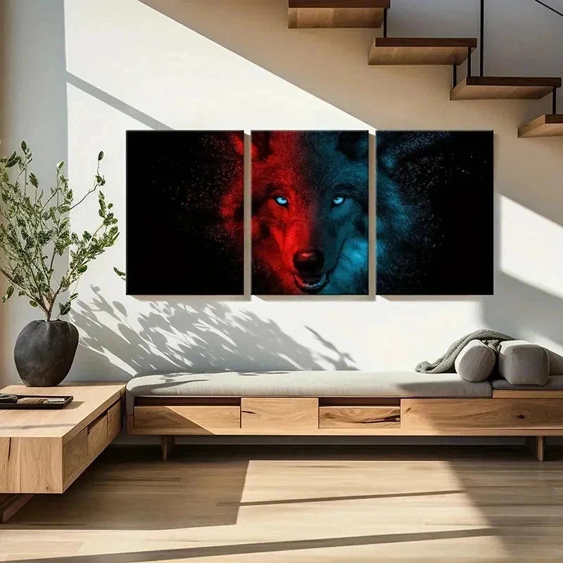 3pcs Dark style Red And Blue Wolf Animal Wall Art Set Canvas Framed 50x70cm - High Quality Print 100% Australian Made Wall Canvas Ready to Hang - Bella Home Decor