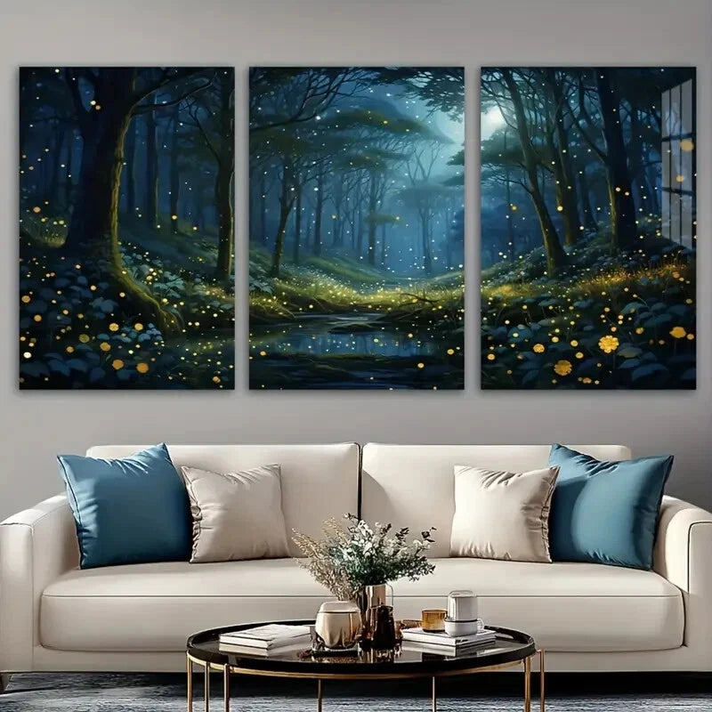 3pcs Moonlit Forest Fireflies Metal Print Ready to Hang Art - Bella Home Decor