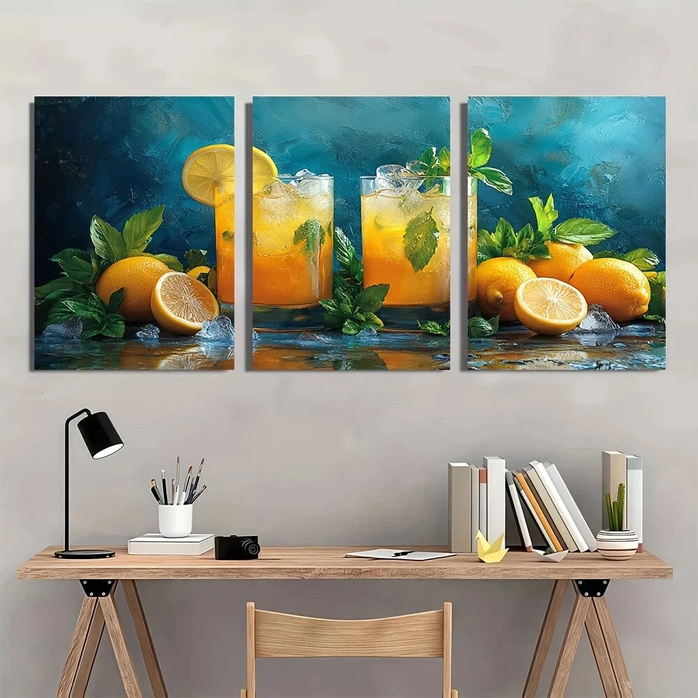 3pcs Lemon Cocktail Vibrant Colors Metal Print Ready to Hang Art - Bella Home Decor