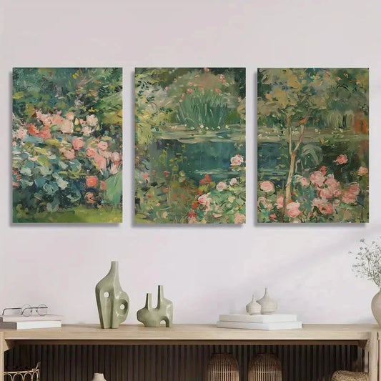 3pcs Style Pink Roses & Green Foliage Metal Print Ready to Hang Art