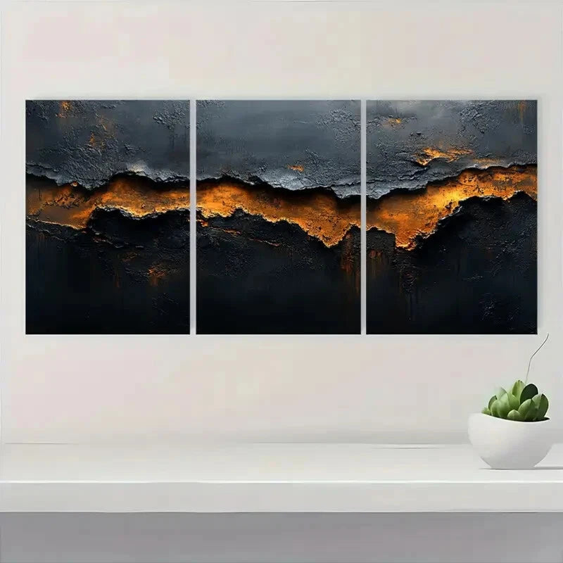 3pcs Abstract Black and Brown Textured Metal Print Ready to Hang Art - Bella Home Decor