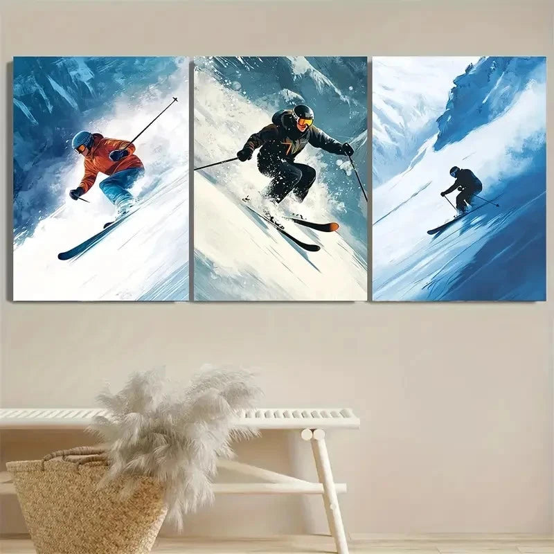 3pcs Dynamic Skiers in an Alpine Wall Art Set Canvas Framed 40x60cm - High Quality Print 100% Australian Made Wall Canvas Ready to Hang - Bella Home Decor
