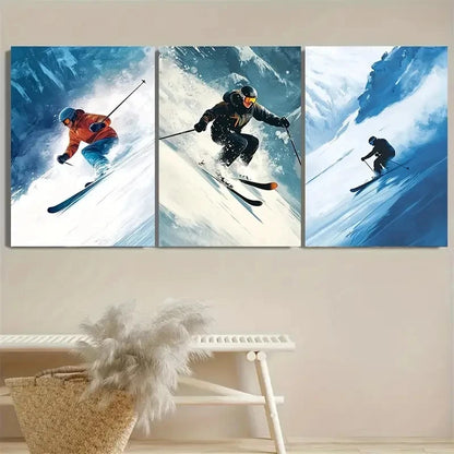3pcs Dynamic Skiers in an Alpine Wall Art Set Canvas Framed 40x60cm - High Quality Print 100% Australian Made Wall Canvas Ready to Hang - Bella Home Decor