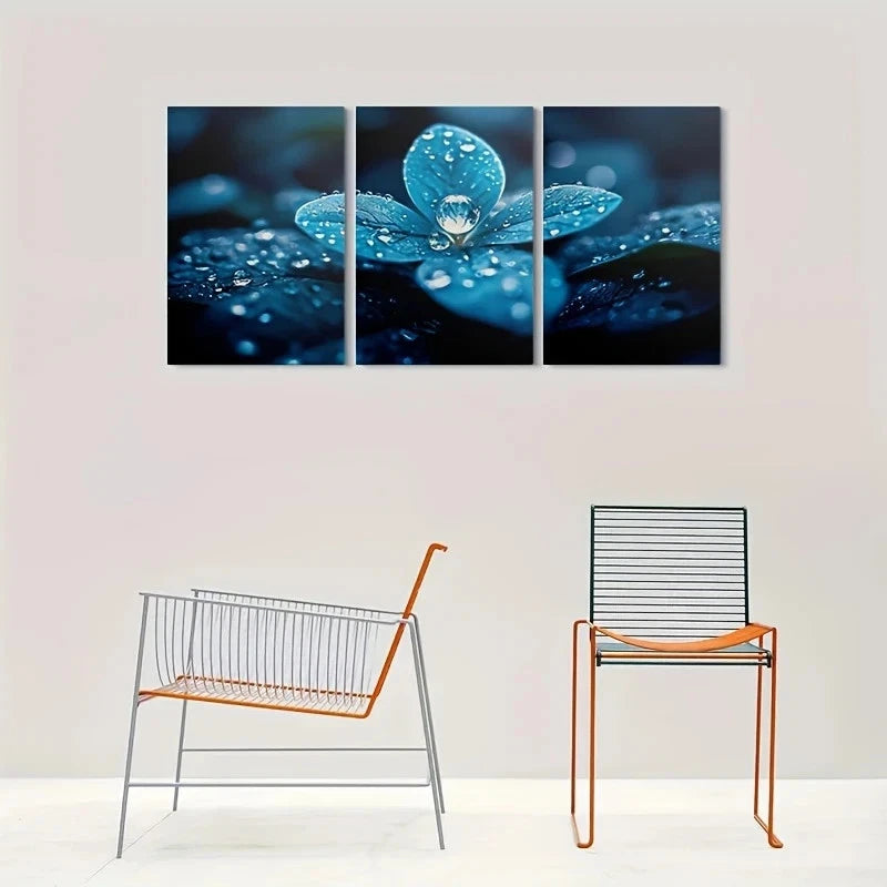 3pcs Blue Dewdrops on Leaves Nature Metal Print Ready to Hang Art - Bella Home Decor