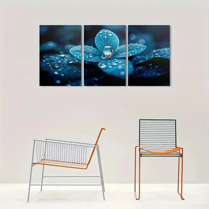 3pcs Blue Dewdrops on Leaves Nature Metal Print Ready to Hang Art - Bella Home Decor