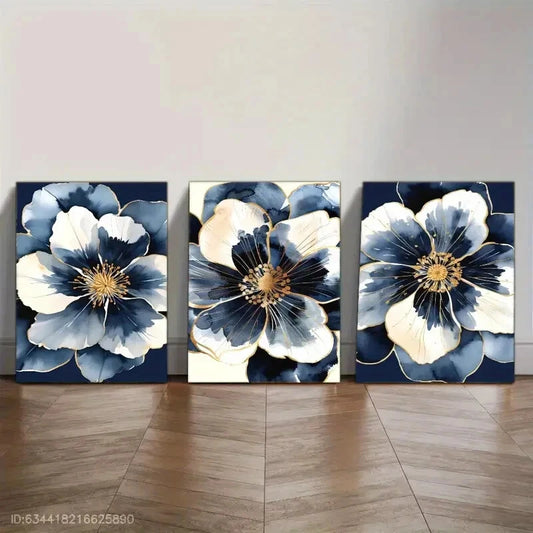 3pcs Botanical Print Navy Blue Floral Wall Decor Metal Print Ready to Hang Art