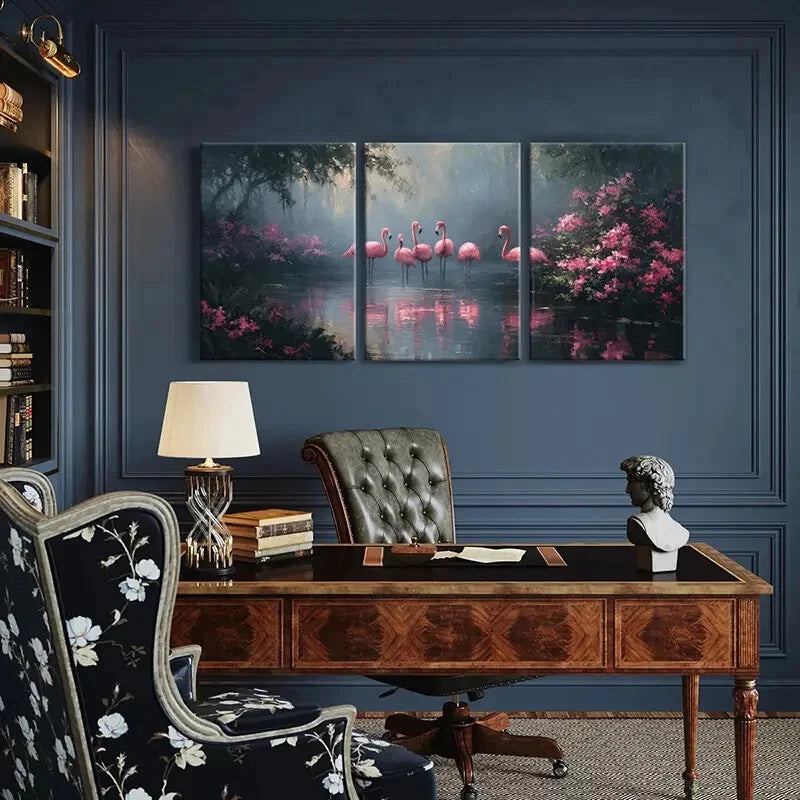 3pcs Artistic Flamingo Pond Pink Flowers Metal Print Ready to Hang Art - Bella Home Decor