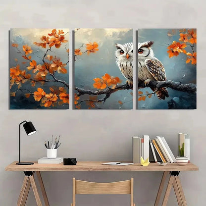 3pcs Vibrant Autumn Owl & Maple Leaf Metal Print Ready to Hang Art - Bella Home Decor