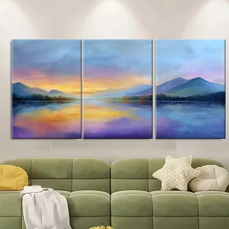 3pcs Golden Mist Lake & Serene Sunset Metal Print Ready to Hang Art - Bella Home Decor