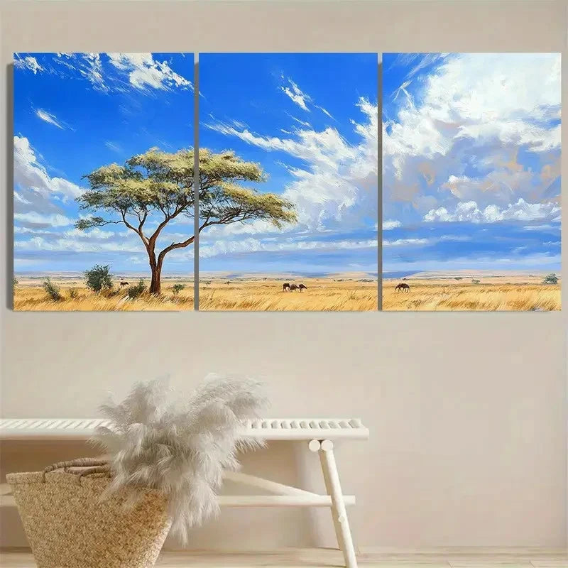 3pcs Blue Sky with Acacia Tree & Wildlife Wall Art Set Canvas Framed 50x70cm - High Quality Print 100% Australian Made Wall Canvas Ready to Hang - Bella Home Decor