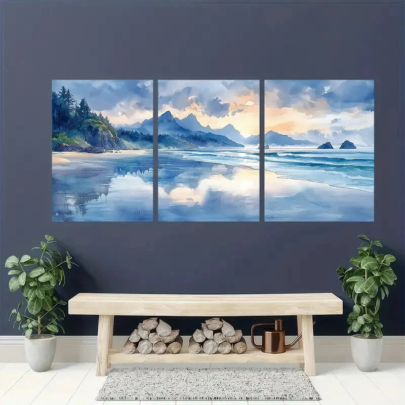 3pcs Ruby Beach Watercolor Art Print Metal Print Ready to Hang Art - Bella Home Decor
