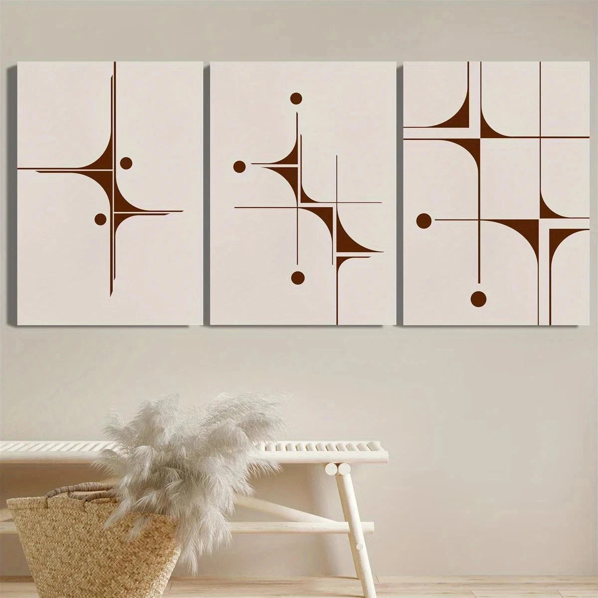 3pcs Geometric Shapes in White & Brown Metal Print Ready to Hang Art - Bella Home Decor