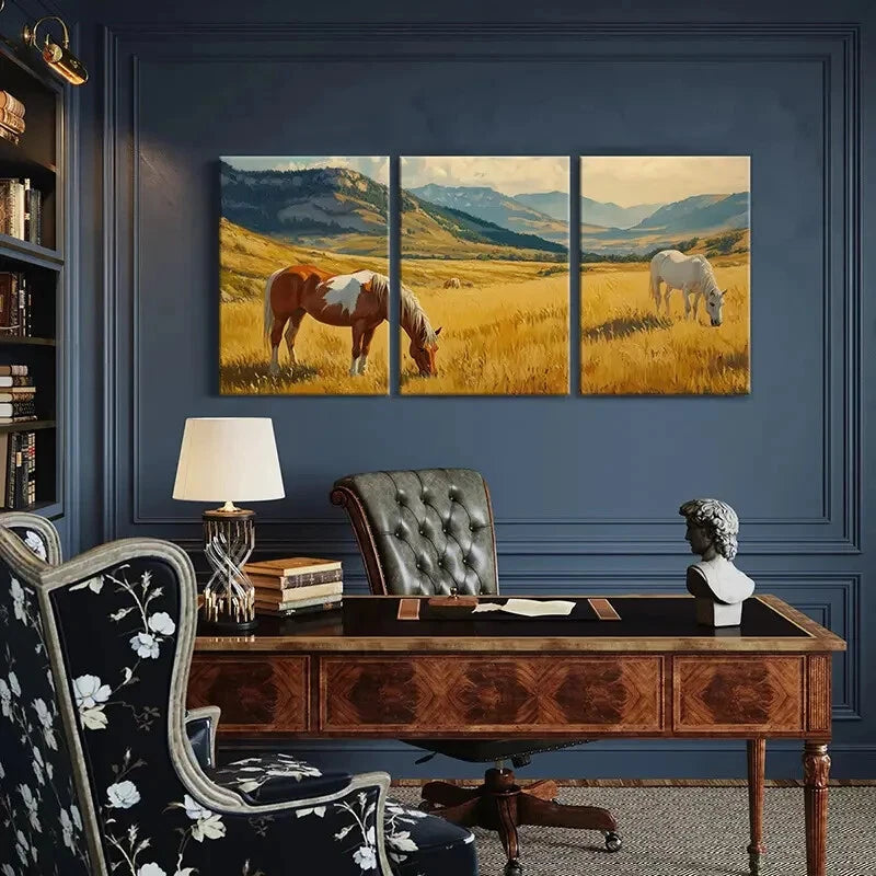3pcs Rustic Horse and Mountain Landscape Metal Print Ready to Hang Art - Bella Home Decor