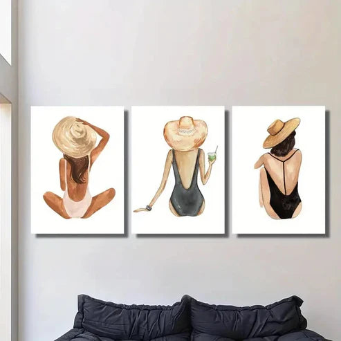 3pcs Girl, Gouache, Beach Girl Wall Art Canvas Unframed - High Quality Print 100% Australian Made Wall Canvas - Bella Home Decor