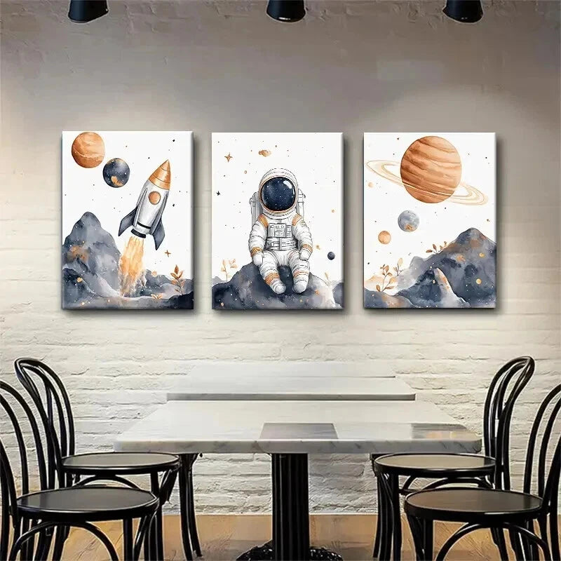 3pcs Astronaut Space Whimsical Space Perfect Wall Art Set Canvas Framed 50x70cm - High Quality Print 100% Australian Made Wall Canvas Ready to Hang