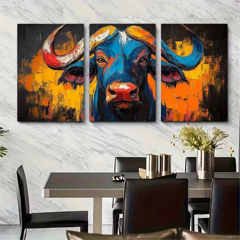 3pcs Abstract African Buffalo Oil Painting Metal Print Ready to Hang Art - Bella Home Decor