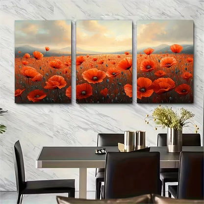 3pcs Blooming Poppy Field Metal Print Ready to Hang Art - Bella Home Decor