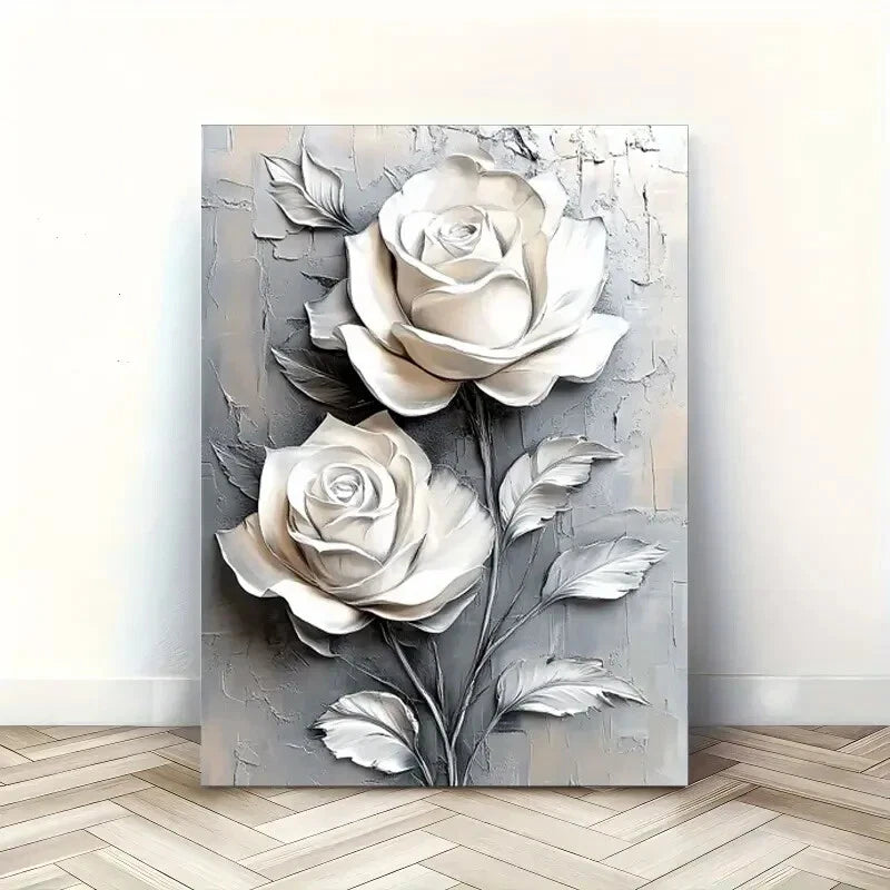 Elegant White Roses Gray Background 40x60cm Metal Print Ready to Hang