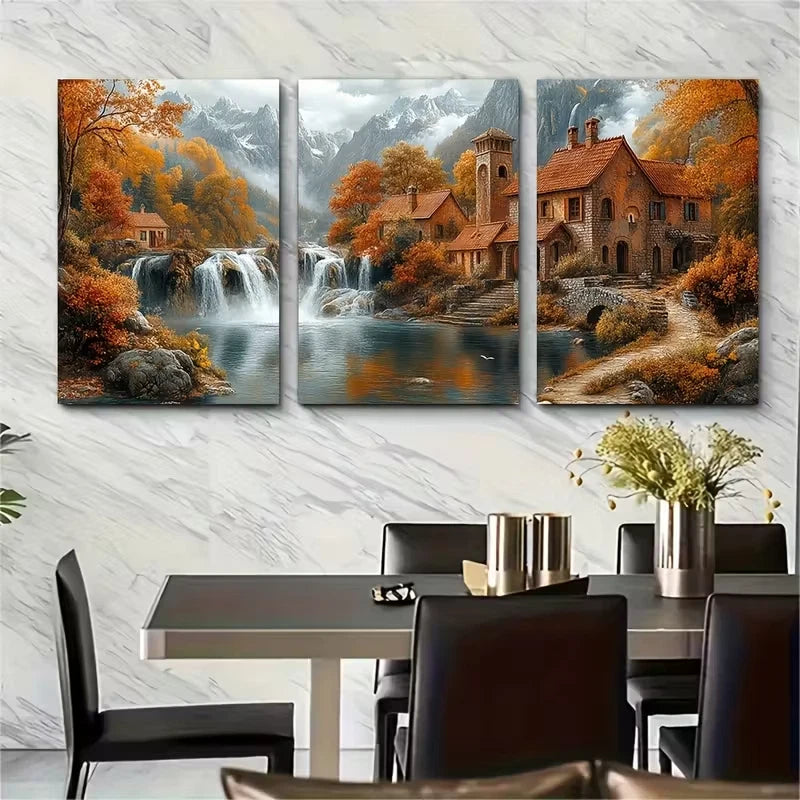 3pcs Ancient Houses and Waterfalls Landscape Metal Print Ready to Hang Art - Bella Home Decor