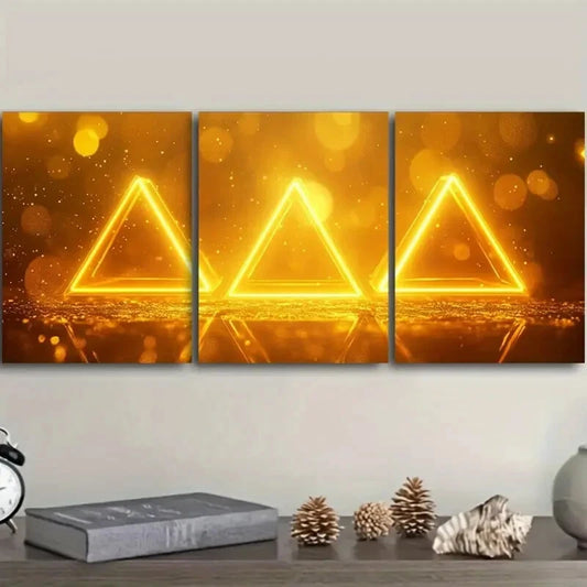 3pcs Glowing Yellow Triangle Design Metal Print Ready to Hang Art