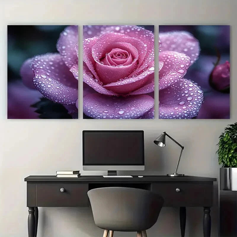 3pcs Pastel Violet Rose with Water Droplets Metal Print Ready to Hang Art - Bella Home Decor