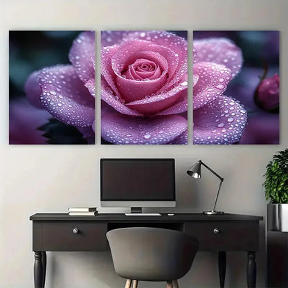 3pcs Pastel Violet Rose with Water Droplets Metal Print Ready to Hang Art - Bella Home Decor