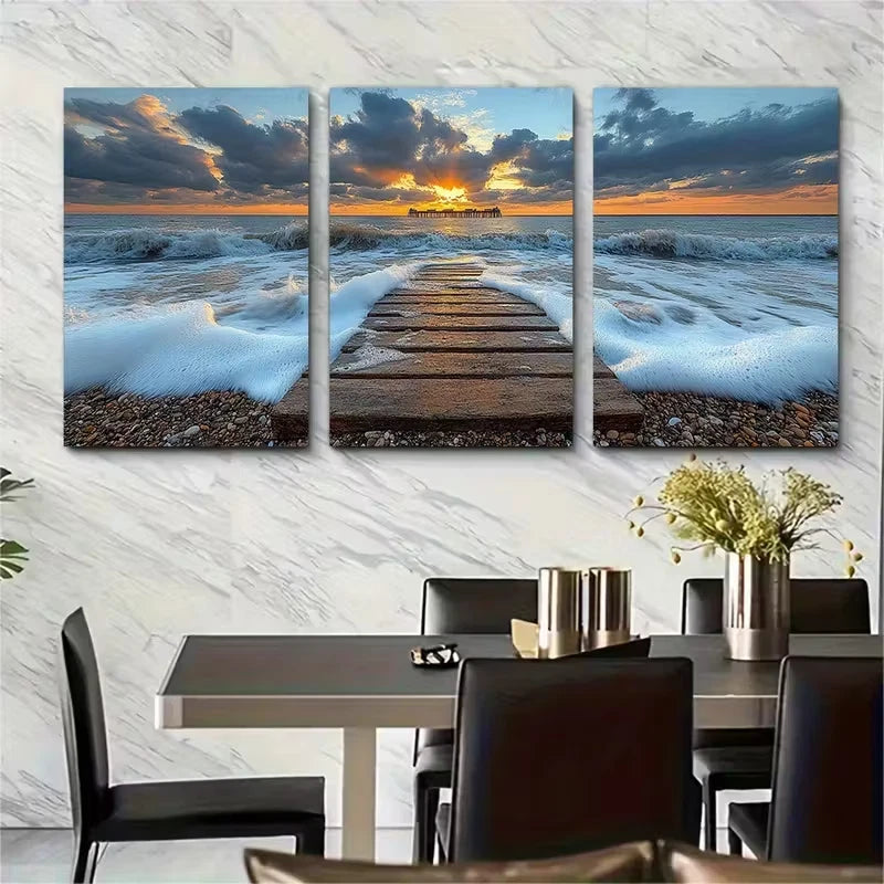 3pcs Blue Skies Deal Pier Beach and Sea Metal Print Ready to Hang Art - Bella Home Decor