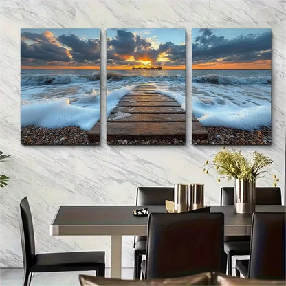 3pcs Blue Skies Deal Pier Beach and Sea Metal Print Ready to Hang Art - Bella Home Decor