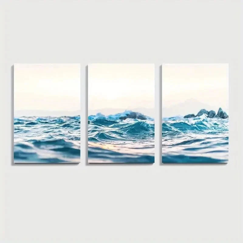 3pcs Ocean Wave  Serene Beach Scene Wall Art Set Canvas Framed 50x70cm - High Quality Print 100% Australian Made Wall Canvas Ready to Hang