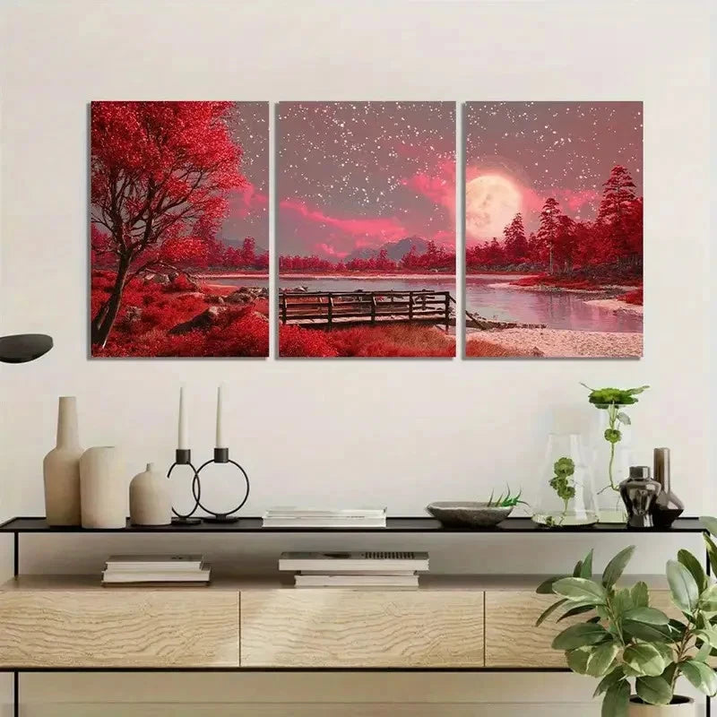 3pcs Cinematic Night Sky & Lake Painting Metal Print Ready to Hang Art - Bella Home Decor