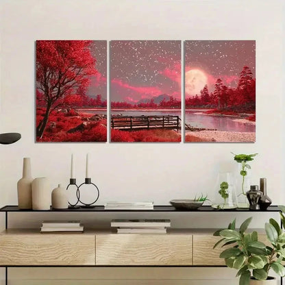 3pcs Cinematic Night Sky & Lake Painting Metal Print Ready to Hang Art - Bella Home Decor