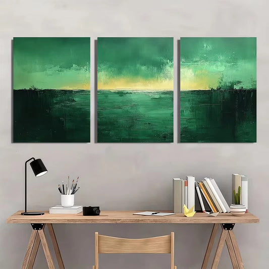 3pcs Minimalist Green Abstract Painting Metal Print Ready to Hang Art