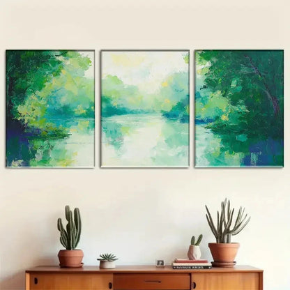 3pcs Fresh Forest Secret - Green Lake Scenery Metal Print Ready to Hang Art - Bella Home Decor