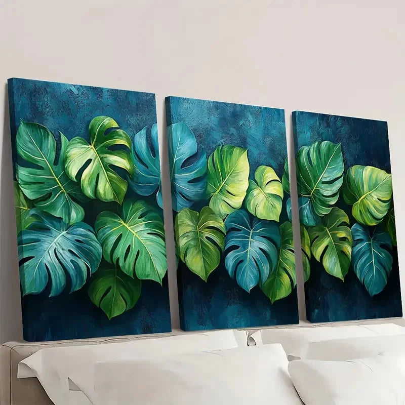 3pcs Tropical Monstera Leaf Green & Blue GB Wall Art Set Canvas Framed 40x60cm - High Quality Print 100% Australian Made Wall Canvas Ready to Hang