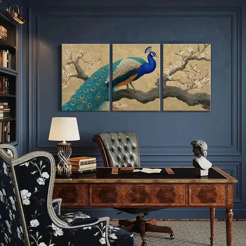 3pcs Peacock Art Blossom Branches Elegant Design Metal Print Ready to Hang Art - Bella Home Decor
