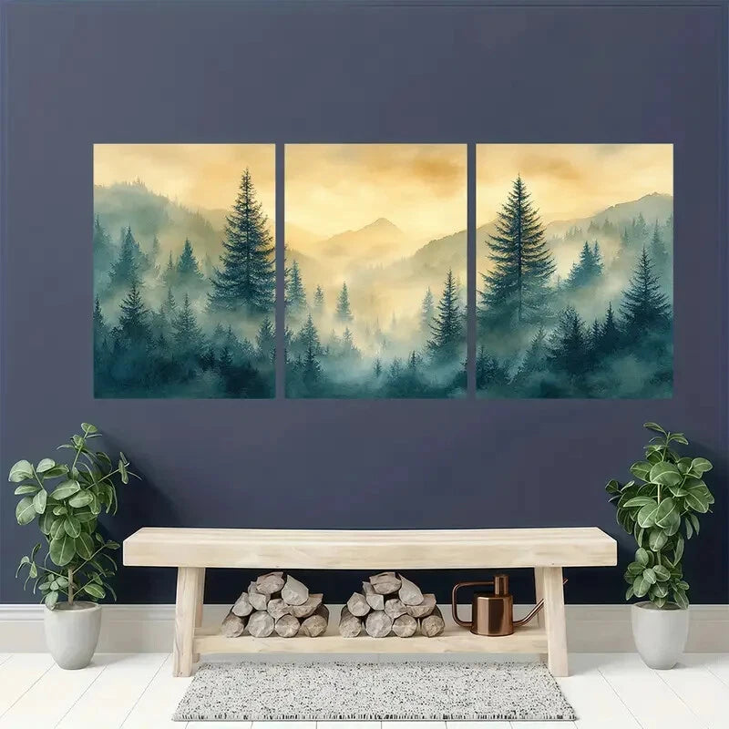 3pcs Serene Forest Landscape with Misty Mountains Metal Print Ready to Hang Art - Bella Home Decor