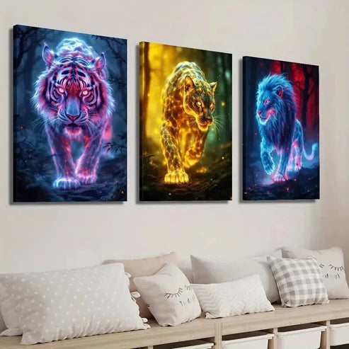 3pcs Glowing Wild Animal Tiger Cheetah and Lion Wall Art Set Canvas Unframed - High Quality Print 100% Australian Made Wall Canvas - Bella Home Decor