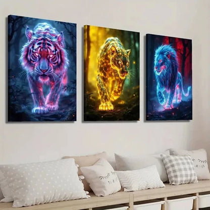 3pcs Glowing Wild Animal Tiger Cheetah and Lion Wall Art Set Canvas Unframed - High Quality Print 100% Australian Made Wall Canvas - Bella Home Decor