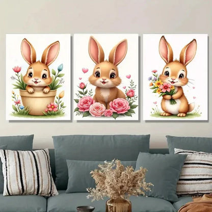 3pcs Charming Bunny Cute Rabbit Paintings flower Wall Art Set Canvas Unframed - High Quality Print 100% Australian Made Wall Canvas - Bella Home Decor