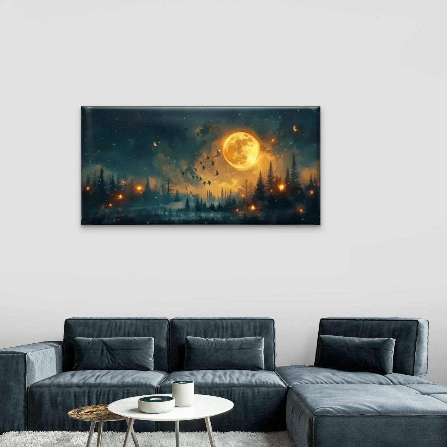 Yellow Moon Forest Birds Dark Wall Art Canvas Office Home Room Framed 120x60cm