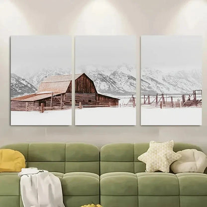 3pcs Rustic Snow Barn Winter Scene Metal Print Ready to Hang Art