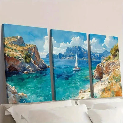 3pcs Italian Coastal Landscape SA Wall Art Set Canvas Unframed - High Quality Print 100% Australian Made Wall Canvas