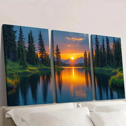 3pcs Vibrant Sunset River Pine Trees Wildflowers  Wall Art Set Canvas Unframed - High Quality Print 100% Australian Made Wall Canvas