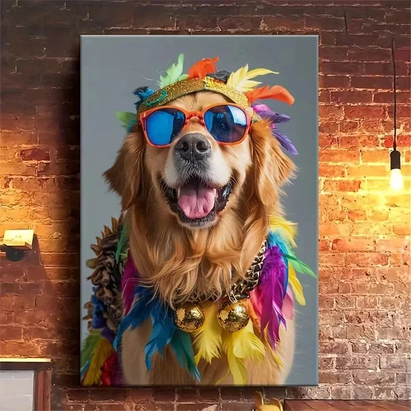 Colorful Golden Retriever Dog in Glasses Metal Print Ready to Hang - Bella Home Decor