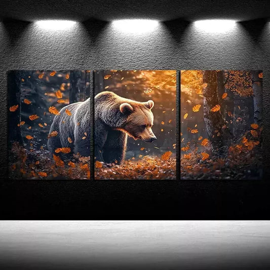 3pcs Bear in Autumn Leaves Wall Art Set Canvas Framed 50x70cm - High Quality Print 100% Australian Made Wall Canvas Ready to Hang