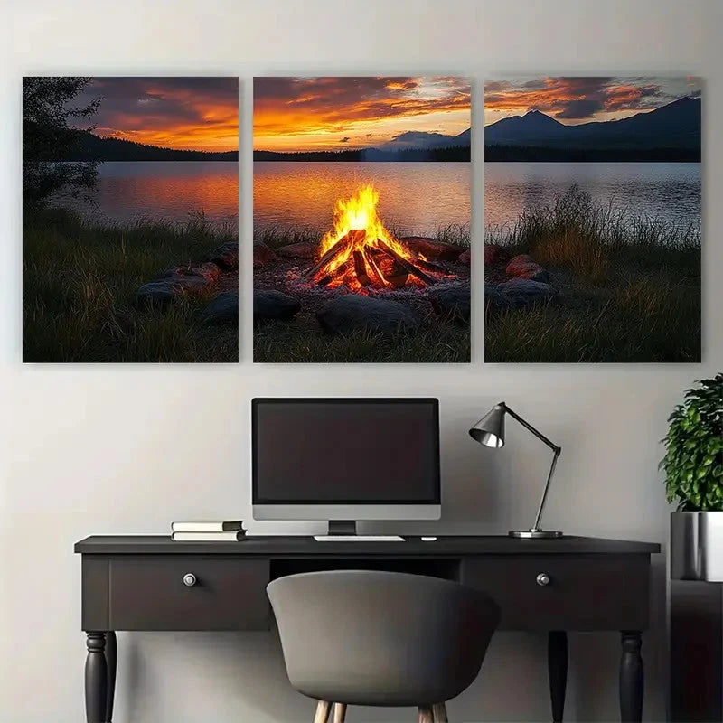 3pcs Bonfire Camping Illustration Metal Print Ready to Hang Art - Bella Home Decor