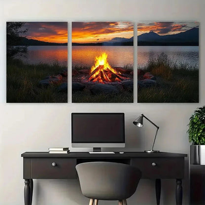 3pcs Bonfire Camping Illustration Metal Print Ready to Hang Art - Bella Home Decor