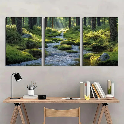 3pcs Mossy Stream Nature Scenery Metal Print Ready to Hang Art - Bella Home Decor
