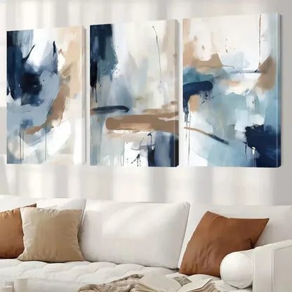 3pcs Abstract Wall Art In Shades Of Blue And Brown And White Wall Art Set Canvas Unframed - High Quality Print 100% Australian Made Wall Canvas - Bella Home Decor